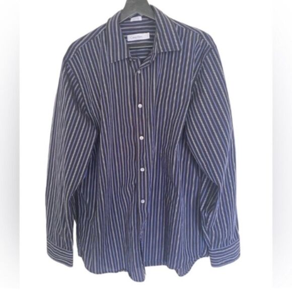 Calvin Klein Men’s Size L Black Blue Stripes Career Work Party Button Up Shirt - Picture 1 of 8